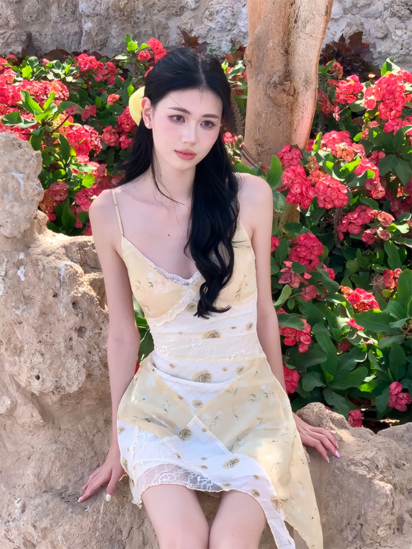 Floral Lace Patchwork Tie Strap Dress for Vacation - Dreamy 90s Inspired Skirt with Path Picking Design