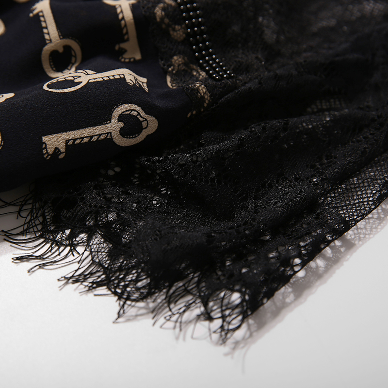 Floral Lace Splicing Slim Dress with Key Pattern - Round Neck, Beaded Details, Summer Fashion, European Style