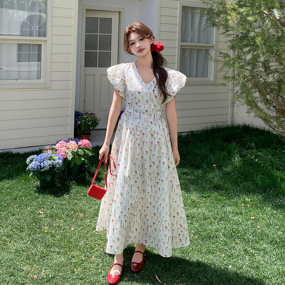Floral Long Dress with Flutter Sleeves and Tie Waist - Age-Reducing V-Neck Summer 2025 Korean Style