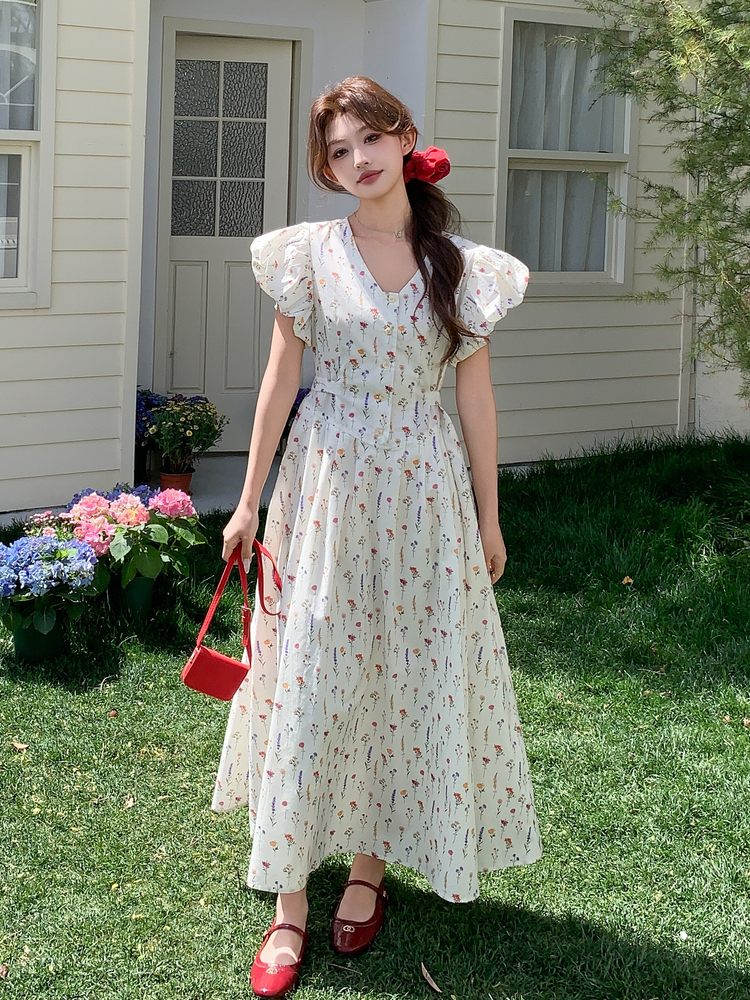 Floral Long Dress with Flutter Sleeves and Tie Waist - Age-Reducing V-Neck Summer 2025 Korean Style