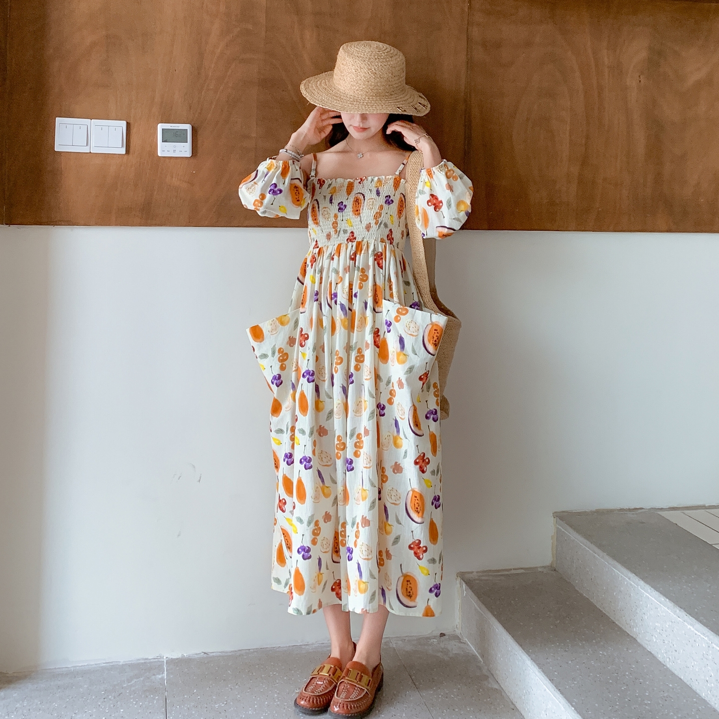 Floral Puff Sleeve Dress for Women - Summer 2025 French Style Waist-Cinching Long Dress, Sweet Design, Perfect for Summer Events