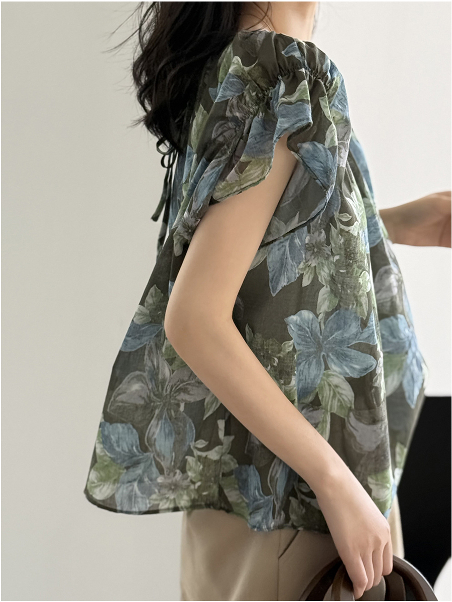 Floral Ruffled Short-Sleeve Doll Shirt for Women - 2025 Summer Loose Fit, Sun Protection, Aristocratic Style, Trendy Fashion Top