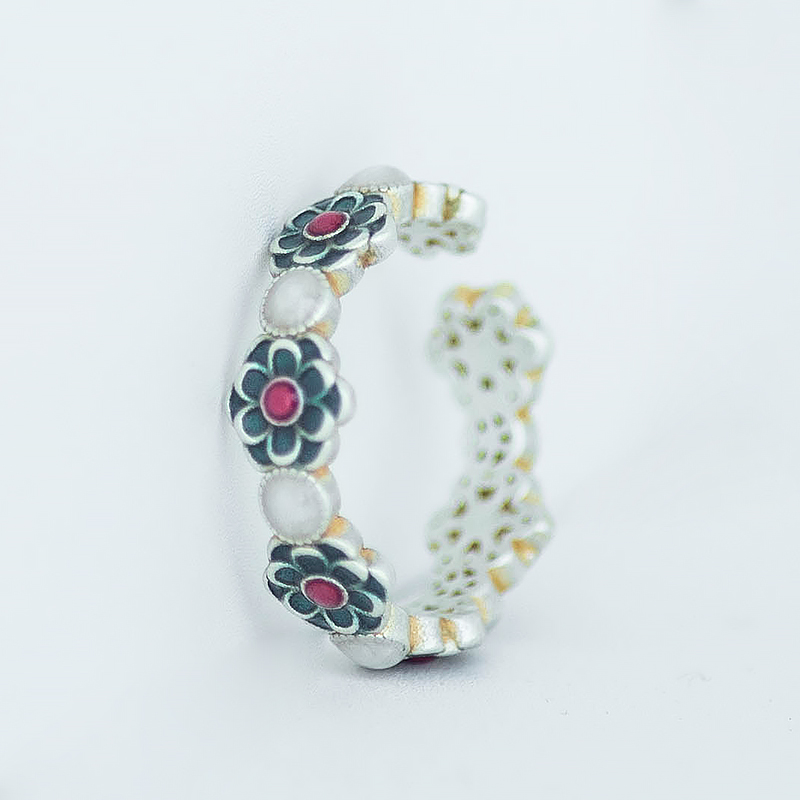Floral Shadow Open Ring in Pure Silver with Gold-Outlined Enamel Plum Blossom Design, Chinese Style, Luxury High-End Aesthetic