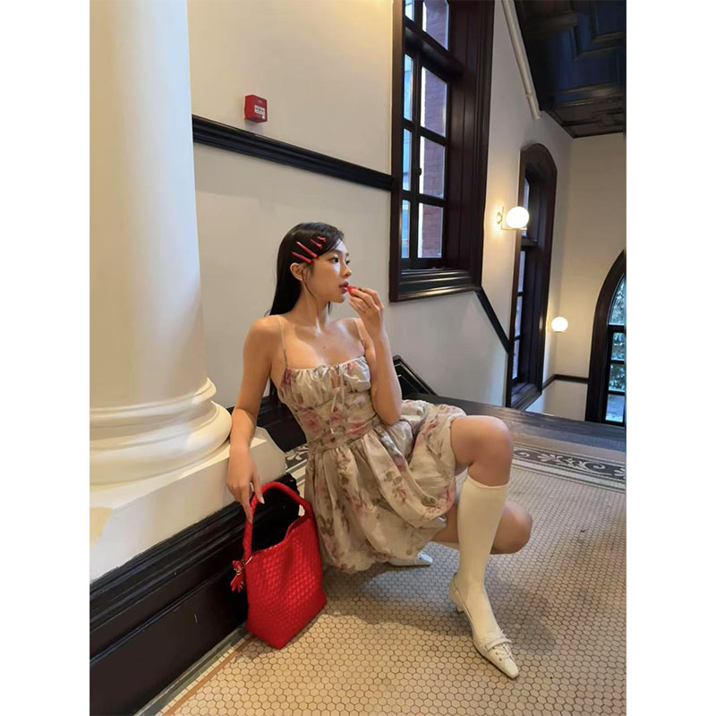 Floral Spaghetti Strap Dress - Women's Spring Summer Bubble Skirt, Sexy Thigh-Length Design, Elegant Temperament, Perfect for 90s Y2K Style Floral Spaghetti Strap Dress - Women's Spring Summer Bubble Skirt, Sexy Thigh-Length Design, Elegant Temperament, Perfect for 90s Y2K Style