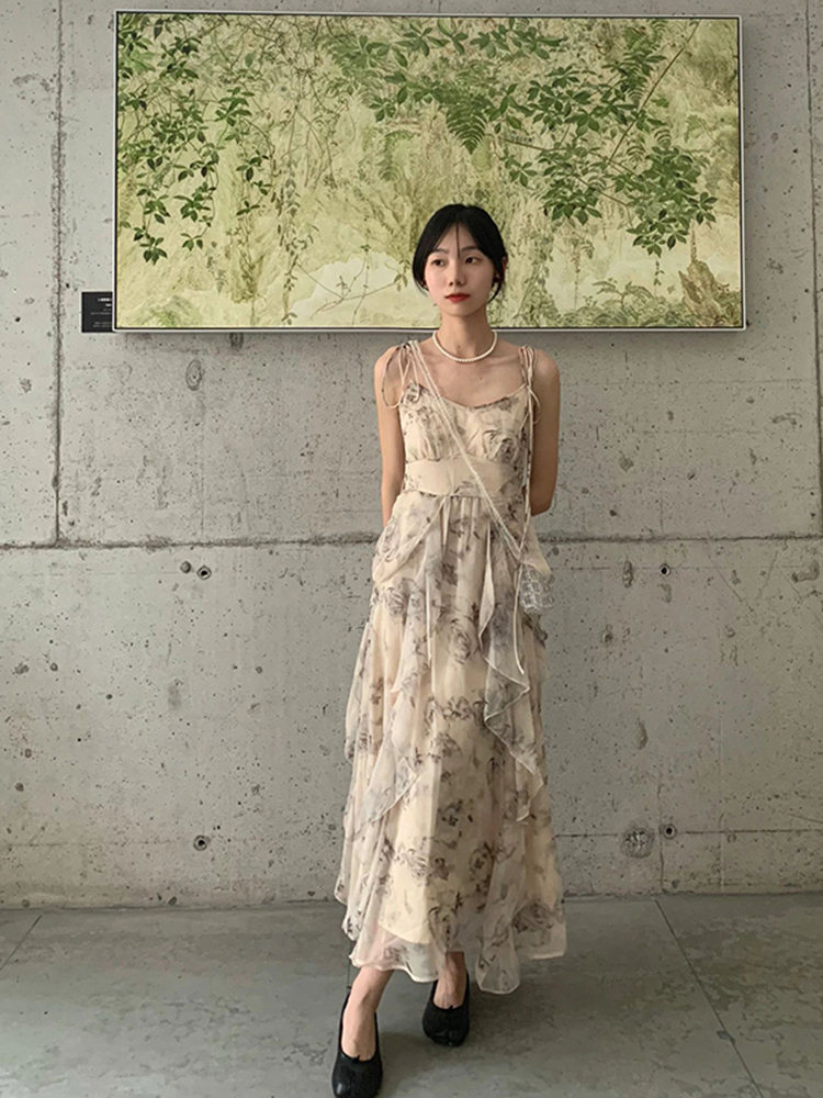 Floral Spaghetti Strap Dress for Women, Irregular Design, Waist-Cinching, French Style, Long Summer Dress, Elegant and Chic Floral Spaghetti Strap Dress for Women, Irregular Design, Waist-Cinching, French Style, Long Summer Dress, Elegant and Chic