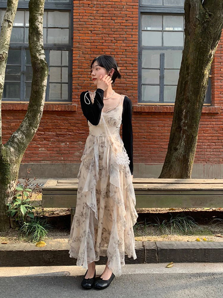 Floral Spaghetti Strap Dress for Women, Irregular Design, Waist-Cinching, French Style, Long Summer Dress, Elegant and Chic Floral Spaghetti Strap Dress for Women, Irregular Design, Waist-Cinching, French Style, Long Summer Dress, Elegant and Chic