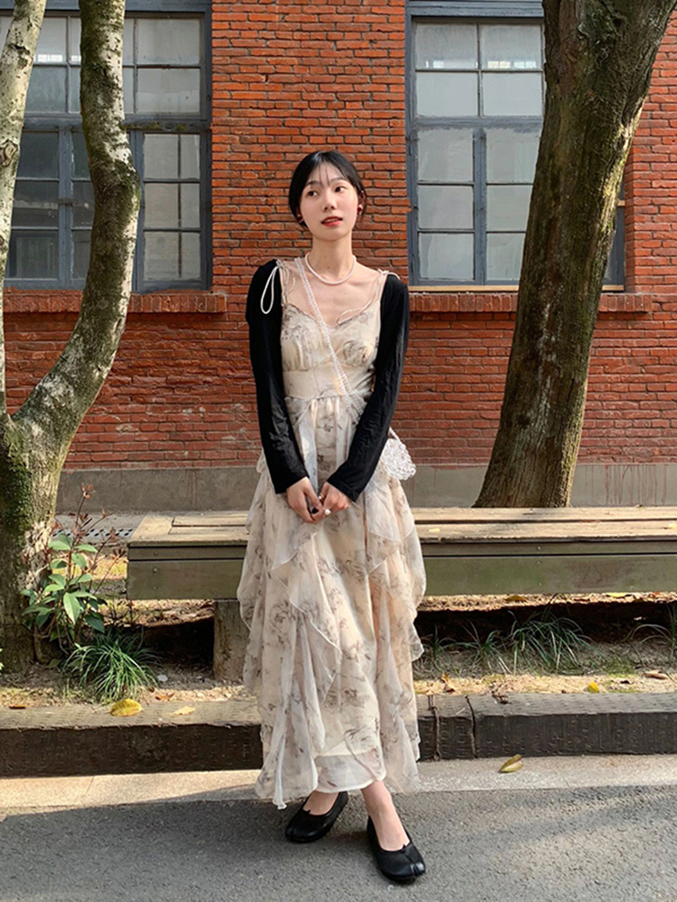 Floral Spaghetti Strap Dress for Women, Irregular Design, Waist-Cinching, French Style, Long Summer Dress, Elegant and Chic Floral Spaghetti Strap Dress for Women, Irregular Design, Waist-Cinching, French Style, Long Summer Dress, Elegant and Chic