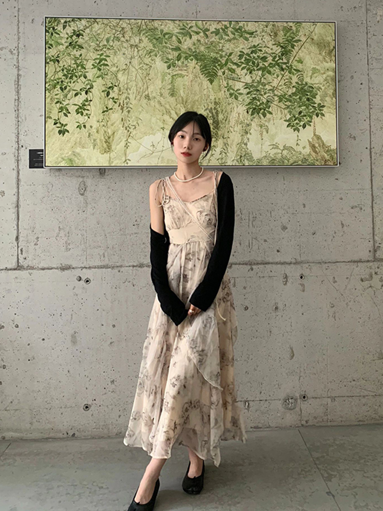 Floral Spaghetti Strap Dress for Women, Irregular Design, Waist-Cinching, French Style, Long Summer Dress, Elegant and Chic Floral Spaghetti Strap Dress for Women, Irregular Design, Waist-Cinching, French Style, Long Summer Dress, Elegant and Chic