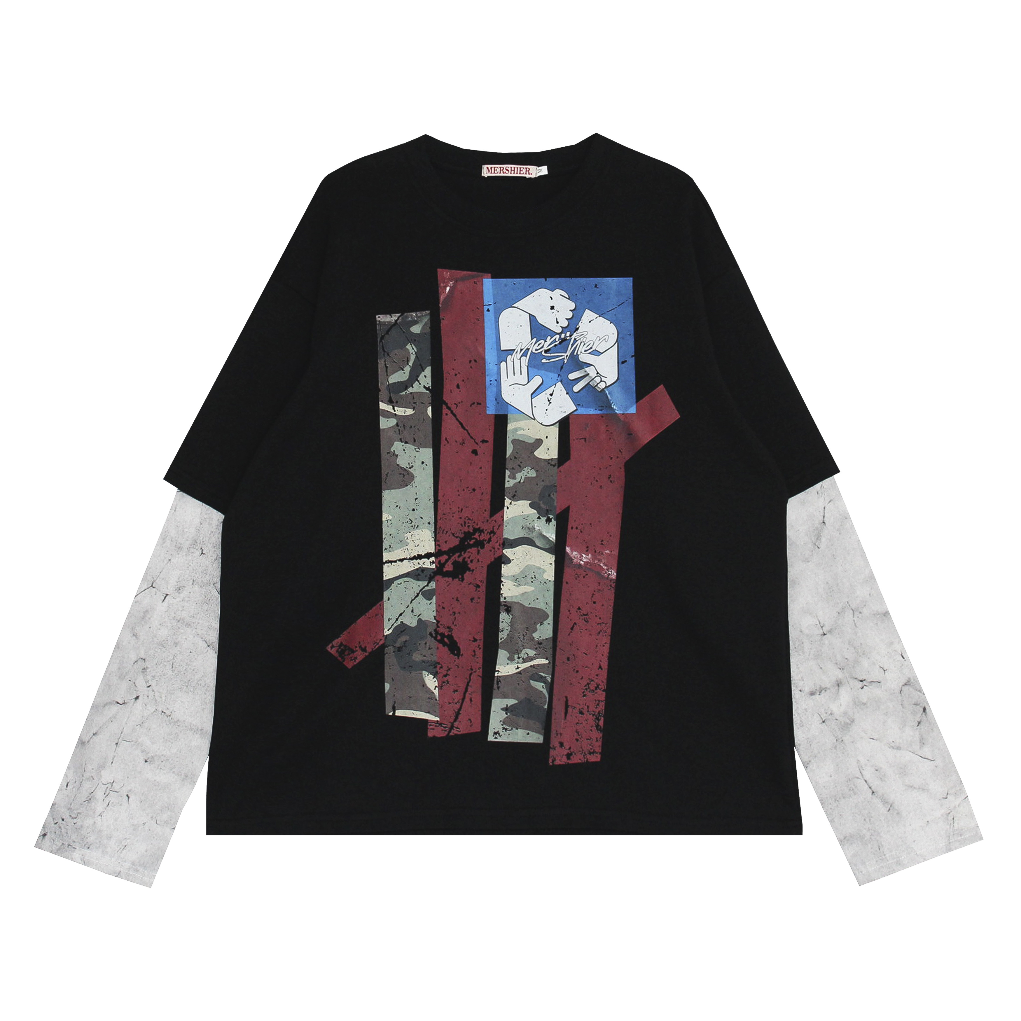 Floral Spliced Long Sleeve T-Shirt - Vintage-Inspired Loose Round Neck Top for 90s Street Style & Y2K Fashion