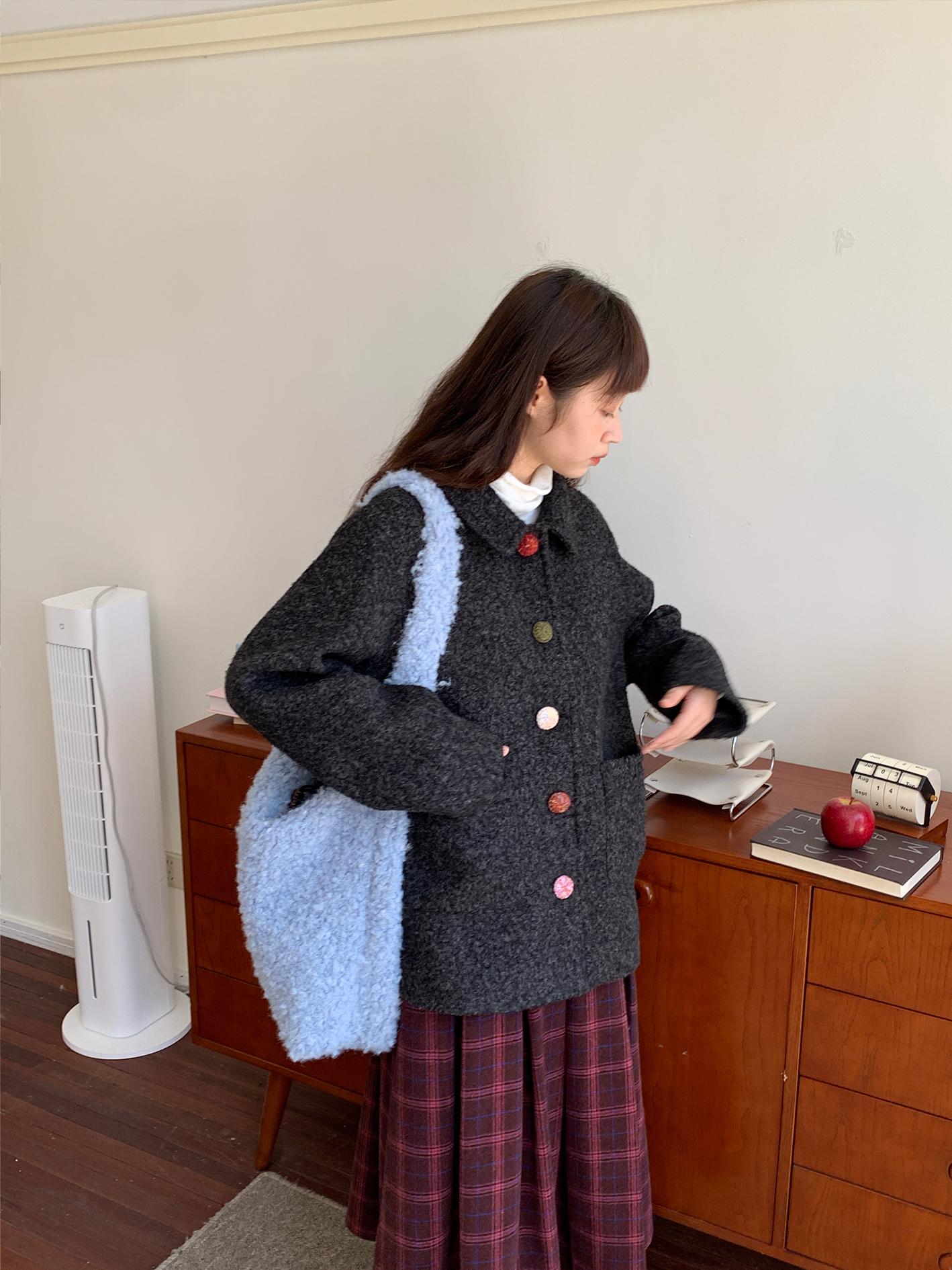 Floral Sweet Wine Handmade Wool Yarn Button Loose Coat in Mixed Gray - Trendy 90s-Inspired Wool Suit Outerwear Floral Sweet Wine Handmade Wool Yarn Button Loose Coat in Mixed Gray - Trendy 90s-Inspired Wool Suit Outerwear