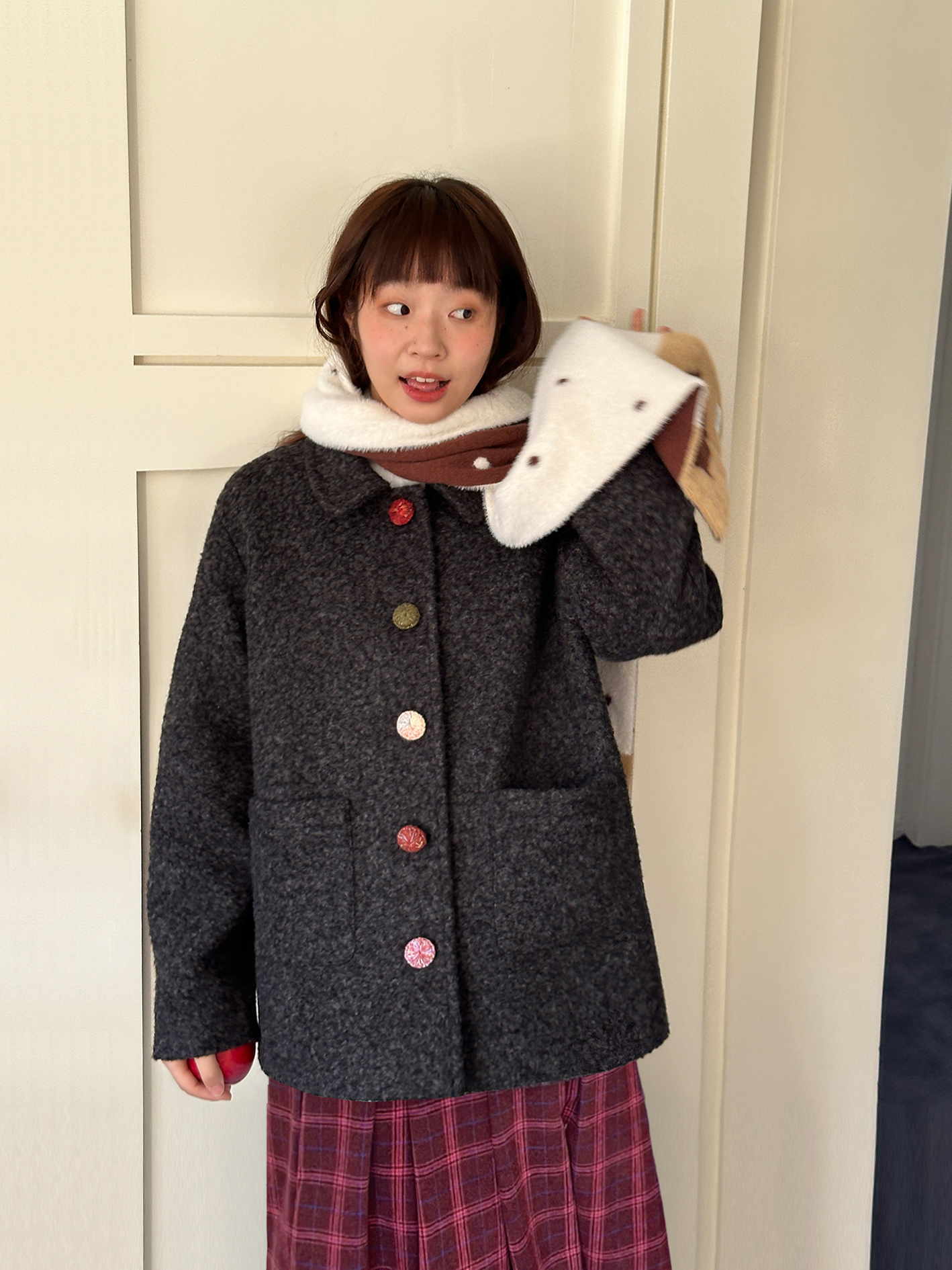 Floral Sweet Wine Handmade Wool Yarn Button Loose Coat in Mixed Gray - Trendy 90s-Inspired Wool Suit Outerwear