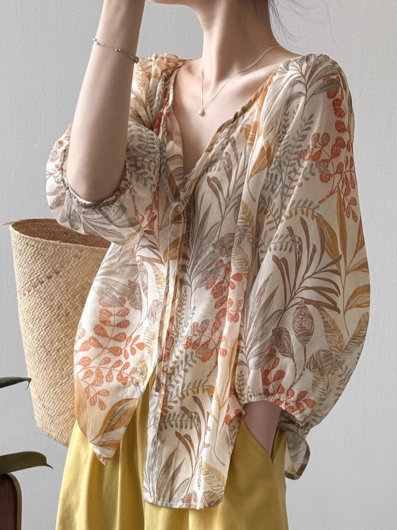 Floral Tie-Up Long Sleeve Shirt for Women, Elegant Three-Quarter Sleeve Blouse, 2025 Summer Style, Loose Fit Fashion Top Floral Tie-Up Long Sleeve Shirt for Women, Elegant Three-Quarter Sleeve Blouse, 2025 Summer Style, Loose Fit Fashion Top