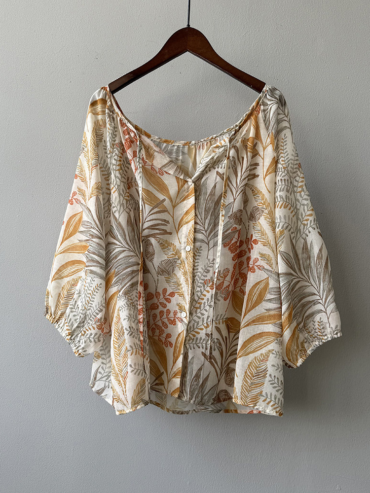 Floral Tie-Up Long Sleeve Shirt for Women, Elegant Three-Quarter Sleeve Blouse, 2025 Summer Style, Loose Fit Fashion Top Floral Tie-Up Long Sleeve Shirt for Women, Elegant Three-Quarter Sleeve Blouse, 2025 Summer Style, Loose Fit Fashion Top