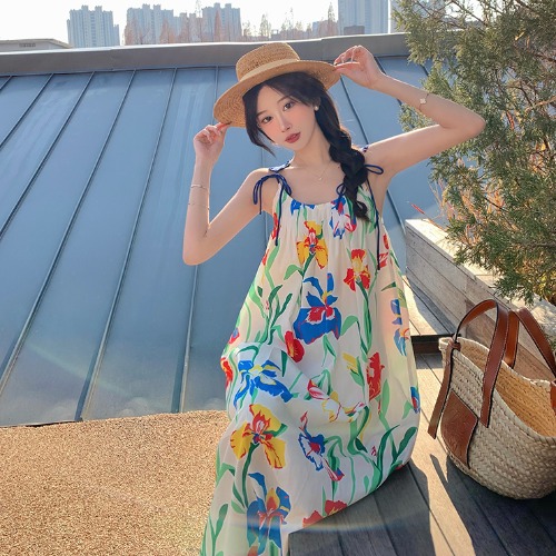 Floral Travel Photo Strap Dress - Seaside Vacation Dress for Petite Sizes, Trendy Beachwear for Summer 2025