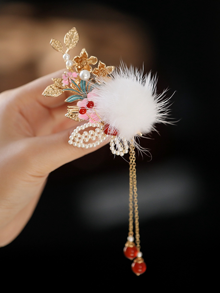 Fluffy Hair Clips for Kids, Ancient Style Hanfu & Qipao Accessories, Fairy Side Clips for Autumn and Winter Fluffy Hair Clips for Kids, Ancient Style Hanfu & Qipao Accessories, Fairy Side Clips for Autumn and Winter