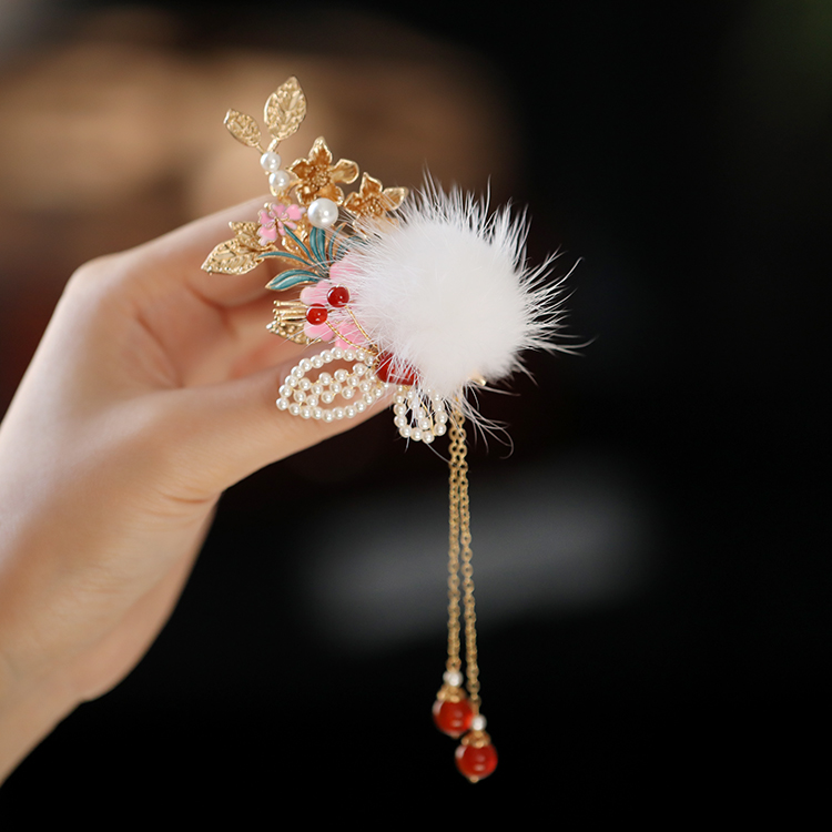 Fluffy Hair Clips for Kids, Ancient Style Hanfu & Qipao Accessories, Fairy Side Clips for Autumn and Winter