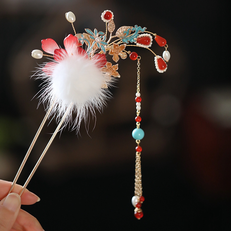 Fluffy U-Shaped Hairpin with Step-Shake Tassels, Ancient Style Hair Accessories for Hanfu, Perfect for Autumn and Winter Hairstyles