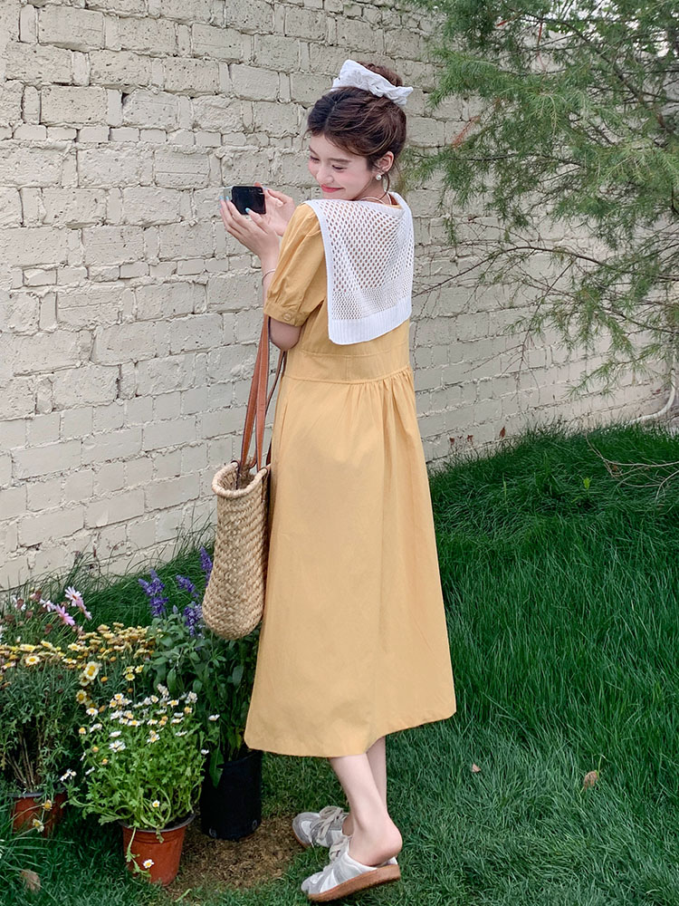 Forest-Style Sweet Lace Shawl Puff Sleeve A-Line Dress for Women - 2025 Summer Fashion, Perfect for Petite Figures