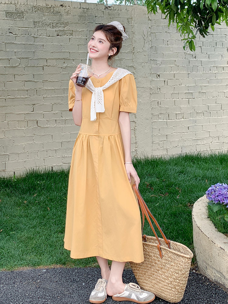 Forest-Style Sweet Lace Shawl Puff Sleeve A-Line Dress for Women - 2025 Summer Fashion, Perfect for Petite Figures