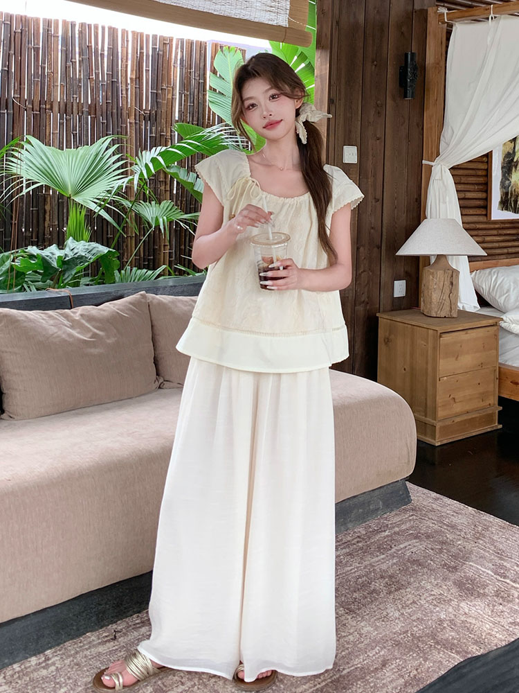 Forest-Themed Relaxed Leisure Set for Women - Summer 2025 Loose Doll Shirt & Wide-Leg Pants - Petite Two-Piece Outfit