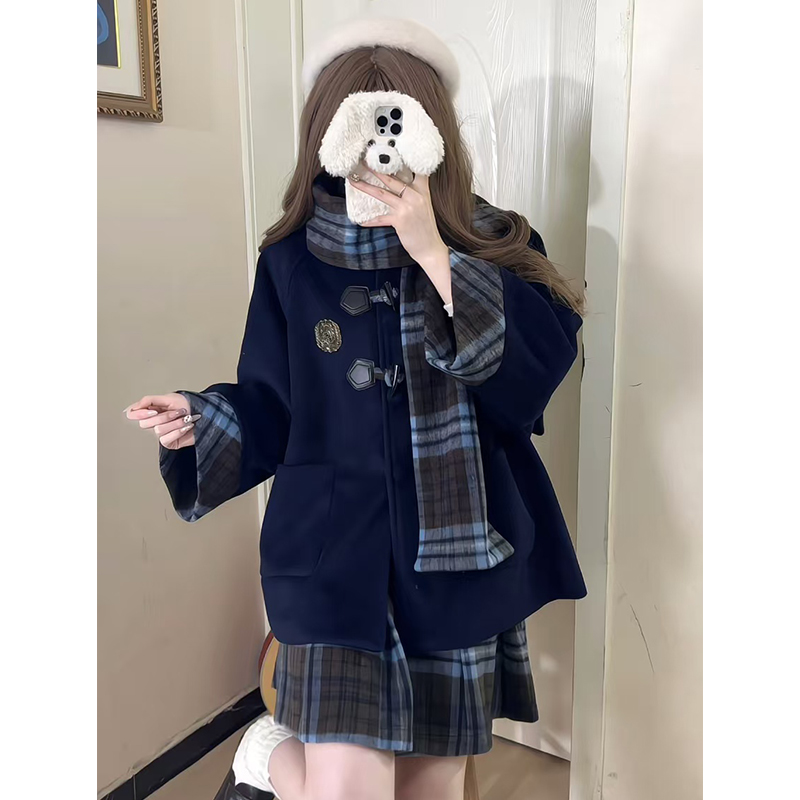Four-Piece JK Uniform Set: Pudding Bear Coat, Autumn Winter College Style, Versatile Retro British Fashion.