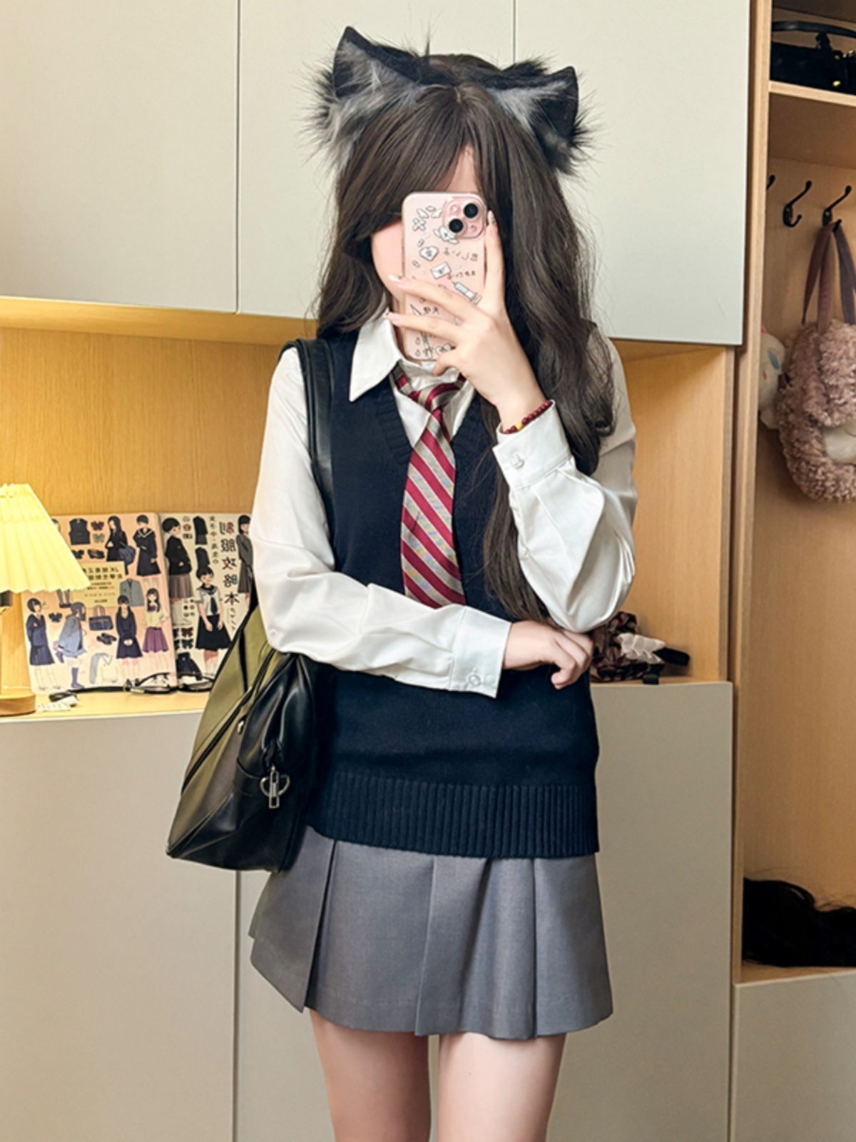 Four-Piece Women's JK Uniform Set: Pudding Bear Shirt, Sweater Vest, Skirt - Japanese College Style for Autumn & Winter Four-Piece Women's JK Uniform Set: Pudding Bear Shirt, Sweater Vest, Skirt - Japanese College Style for Autumn & Winter