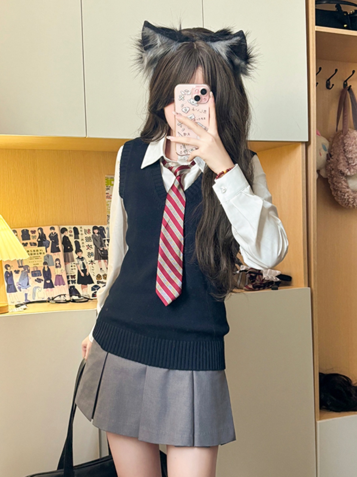 Four-Piece Women's JK Uniform Set: Pudding Bear Shirt, Sweater Vest, Skirt - Japanese College Style for Autumn & Winter Four-Piece Women's JK Uniform Set: Pudding Bear Shirt, Sweater Vest, Skirt - Japanese College Style for Autumn & Winter