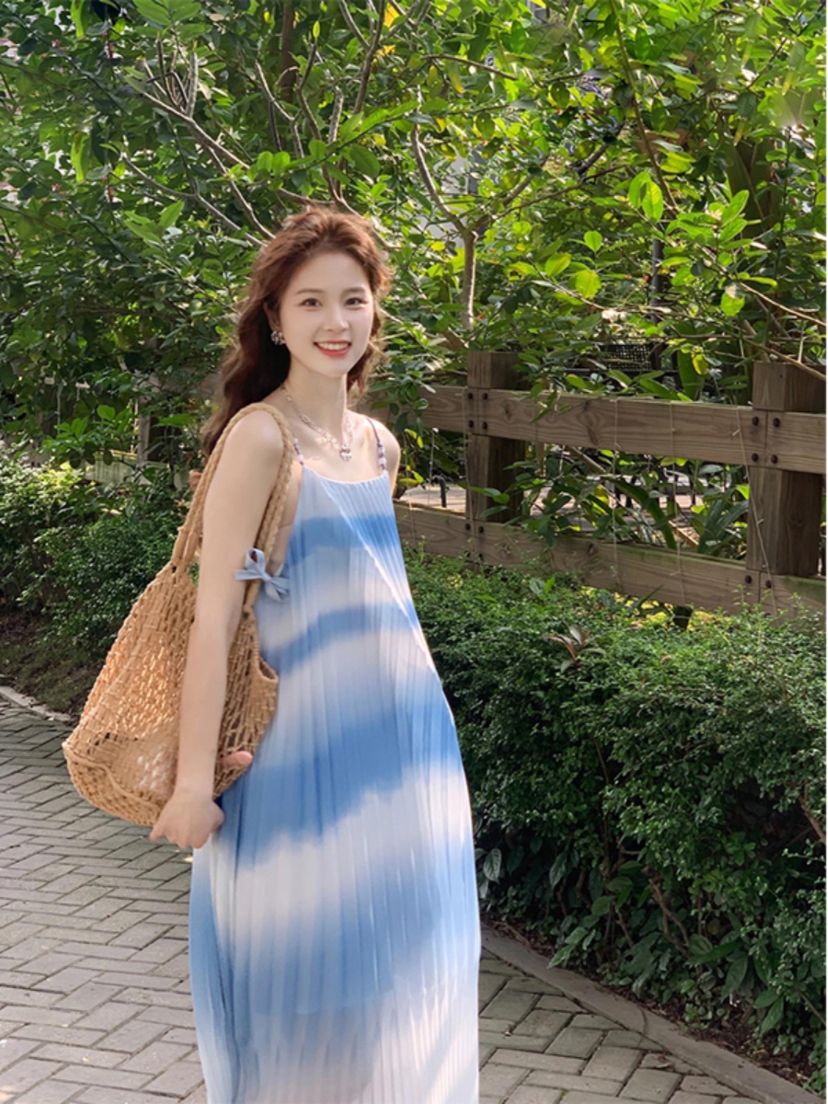 French Blue Gradient Pleated Chiffon Camisole Dress for Women - Summer Seaside Vacation Style, Ethereal Vibe French Blue Gradient Pleated Chiffon Camisole Dress for Women - Summer Seaside Vacation Style, Ethereal Vibe