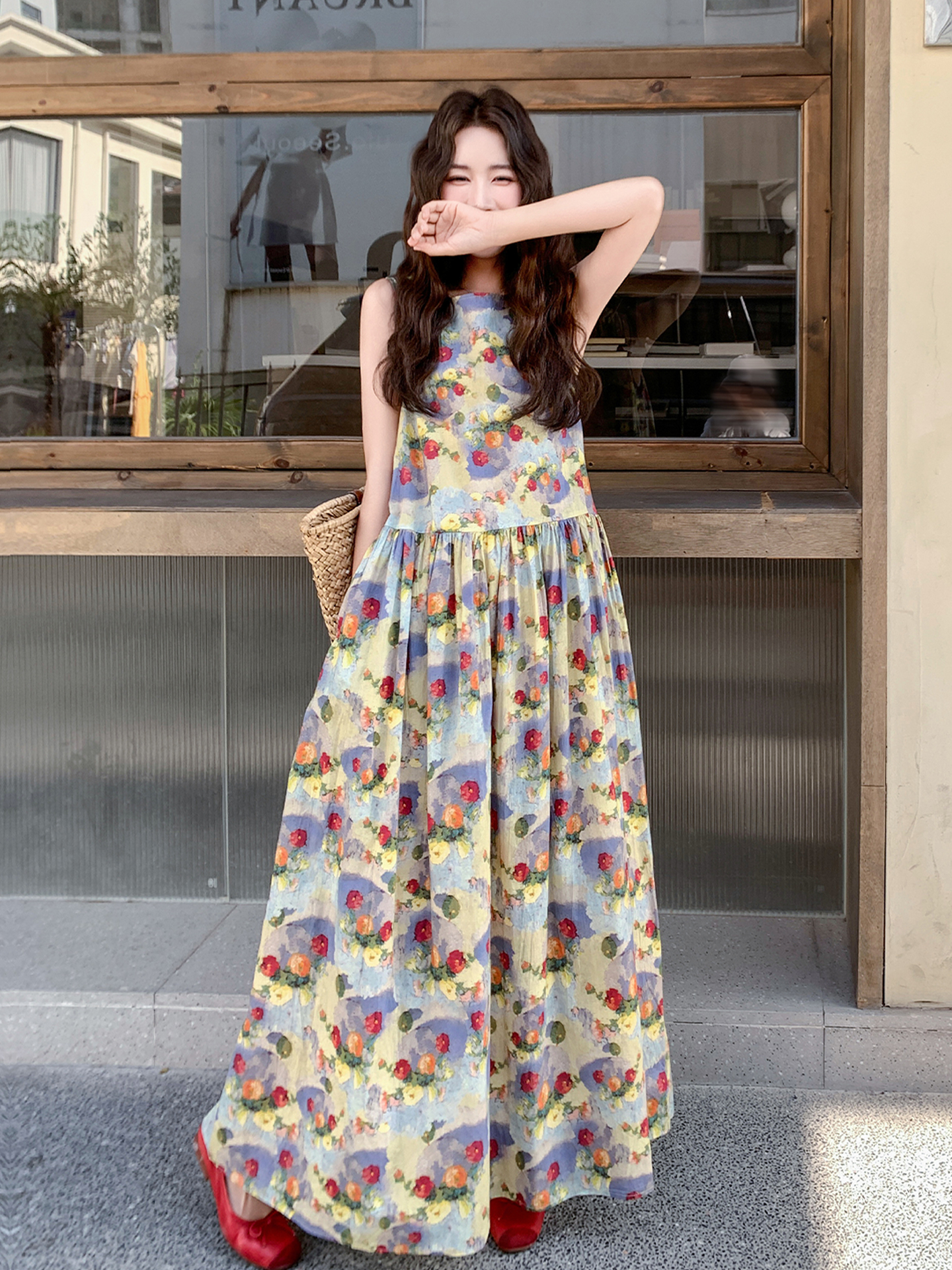French Floral Sleeveless Dress for Women - 2025 Summer High-End Loose Vacation Style Long Dress French Floral Sleeveless Dress for Women - 2025 Summer High-End Loose Vacation Style Long Dress