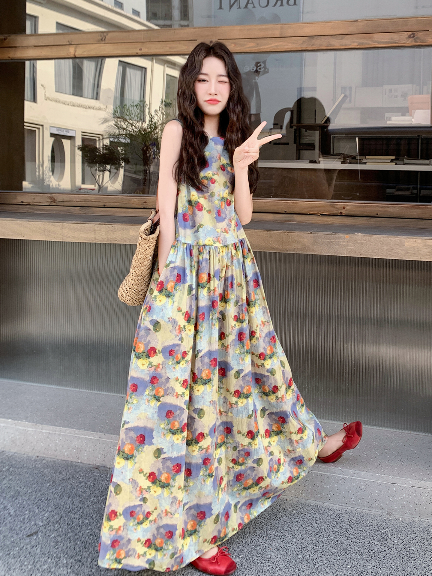French Floral Sleeveless Dress for Women - 2025 Summer High-End Loose Vacation Style Long Dress