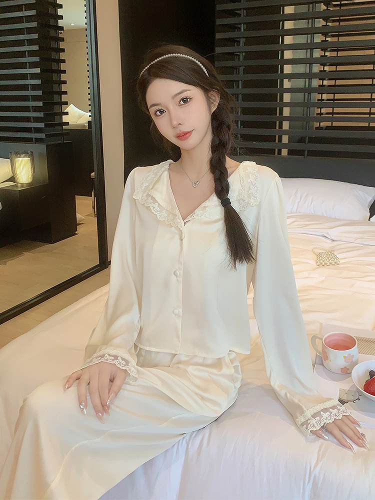 French Lace Pajamas for Women - Sexy Ice Silk Long Sleeve Loungewear Two-Piece Set, Spring & Autumn Court Style, 2025 Collection French Lace Pajamas for Women - Sexy Ice Silk Long Sleeve Loungewear Two-Piece Set, Spring & Autumn Court Style, 2025 Collection