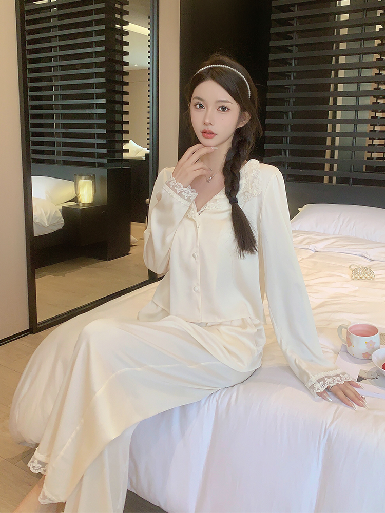 French Lace Pajamas for Women - Sexy Ice Silk Long Sleeve Loungewear Two-Piece Set, Spring & Autumn Court Style, 2025 Collection French Lace Pajamas for Women - Sexy Ice Silk Long Sleeve Loungewear Two-Piece Set, Spring & Autumn Court Style, 2025 Collection