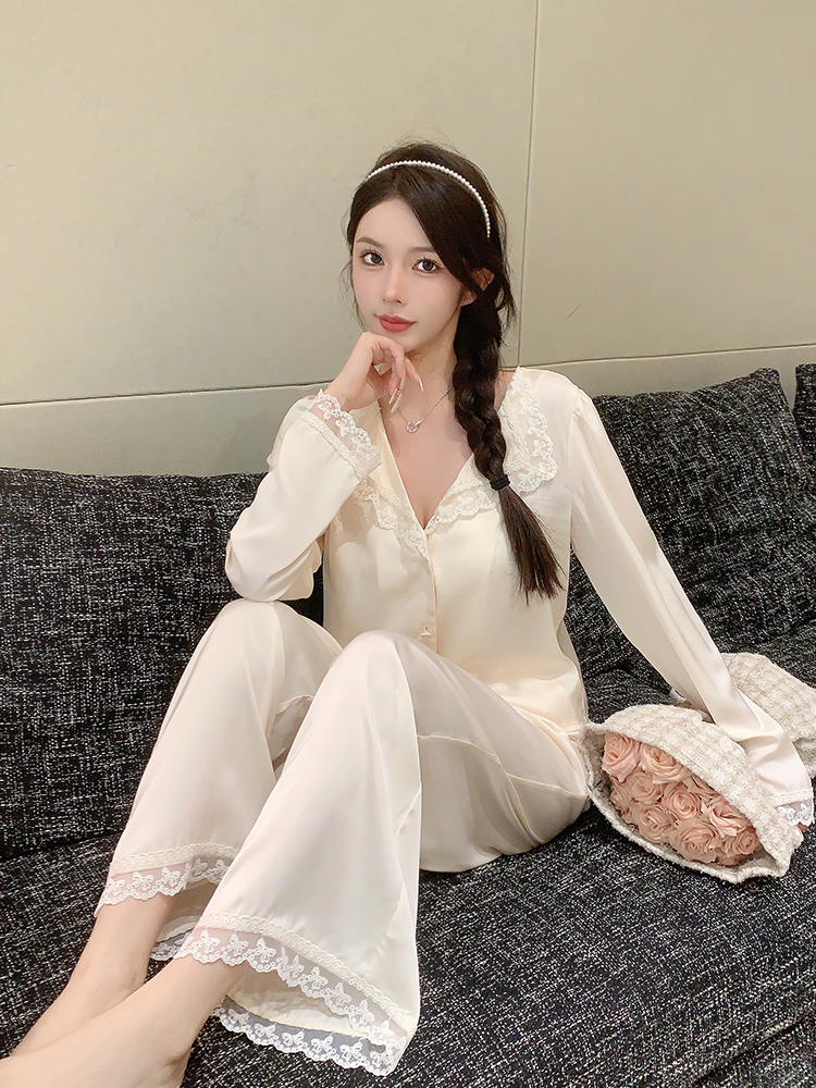 French Lace Pajamas for Women - Sexy Ice Silk Long Sleeve Loungewear Two-Piece Set, Spring & Autumn Court Style, 2025 Collection French Lace Pajamas for Women - Sexy Ice Silk Long Sleeve Loungewear Two-Piece Set, Spring & Autumn Court Style, 2025 Collection