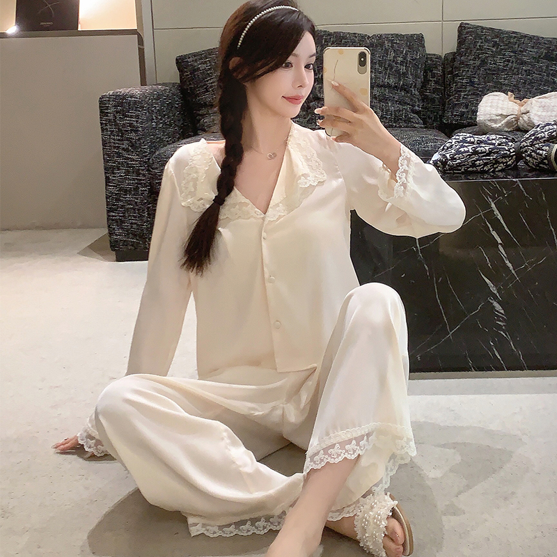 French Lace Pajamas for Women - Sexy Ice Silk Long Sleeve Loungewear Two-Piece Set, Spring & Autumn Court Style, 2025 Collection