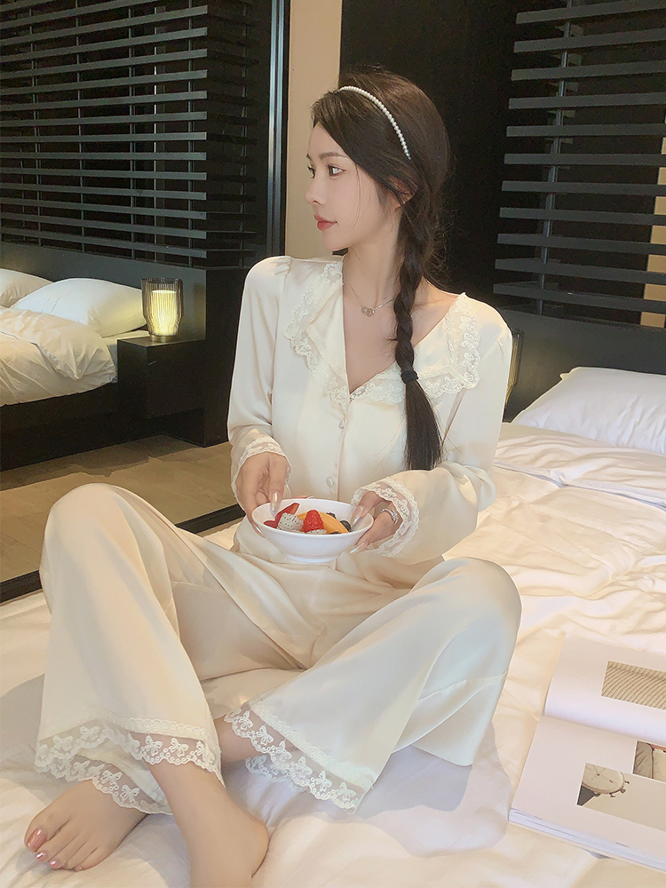 French Lace Pajamas for Women - Sexy Ice Silk Long Sleeve Loungewear Two-Piece Set, Spring & Autumn Court Style, 2025 Collection French Lace Pajamas for Women - Sexy Ice Silk Long Sleeve Loungewear Two-Piece Set, Spring & Autumn Court Style, 2025 Collection