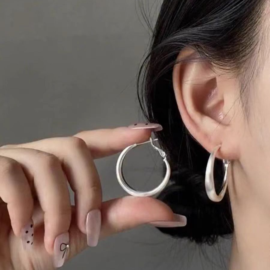 French Minimalist Brushed Hoop Earrings for Women - 925 Silver, Versatile Stylish Design for Everyday Wear