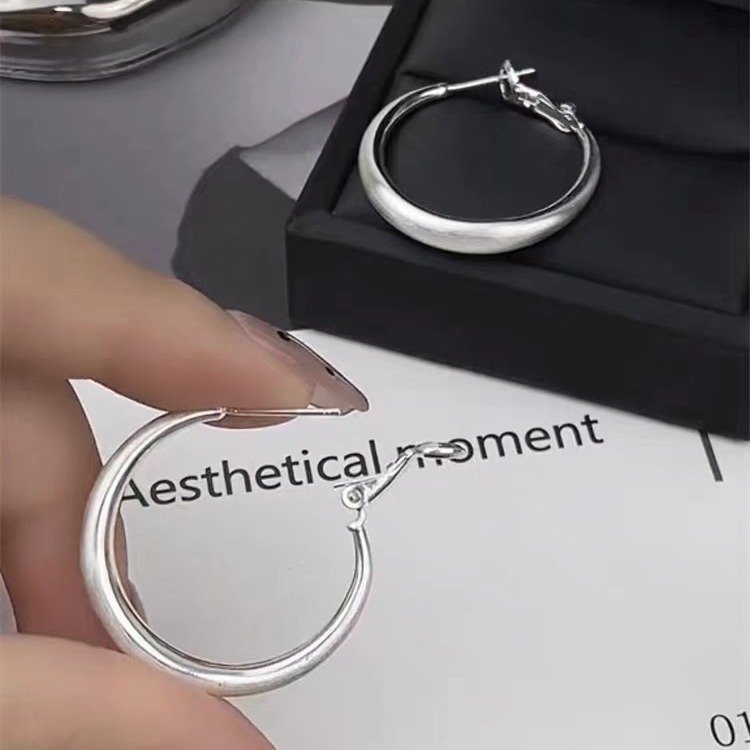 French Minimalist Brushed Hoop Earrings for Women - 925 Silver, Versatile Stylish Design for Everyday Wear