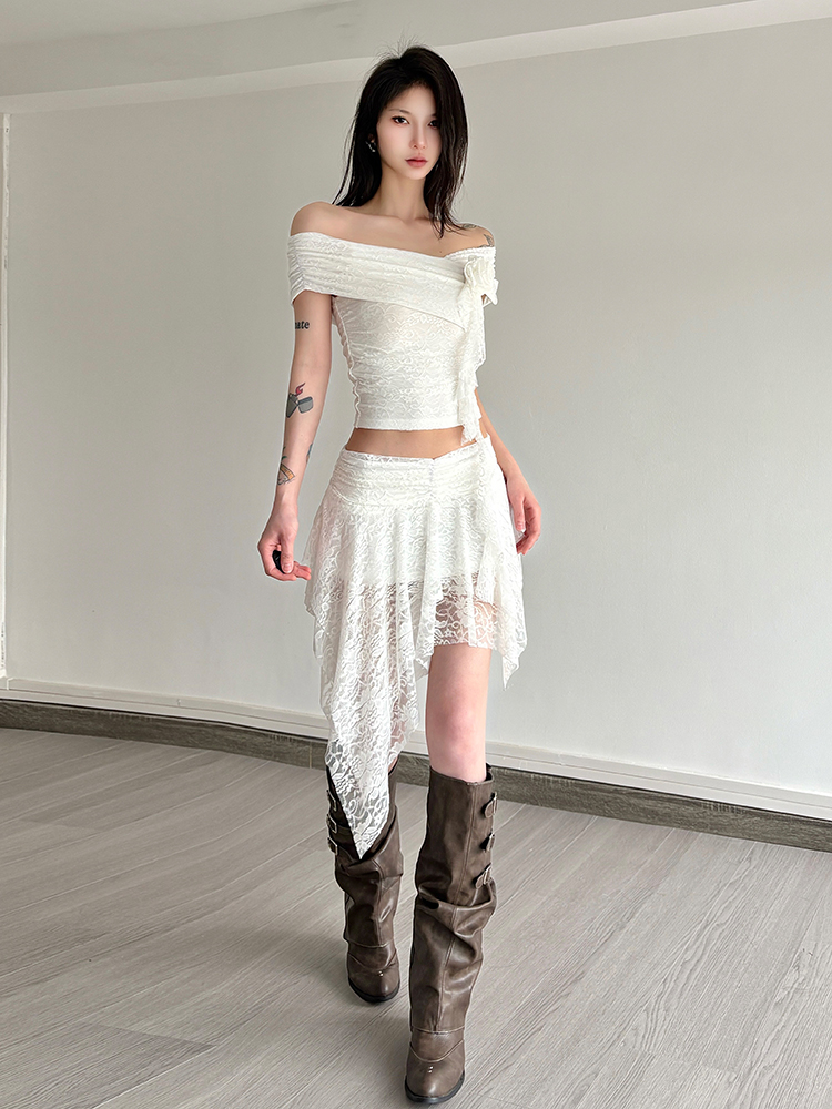 French Romantic Lace One-Shoulder Short Sleeve Top and High-Waisted Irregular Skirt Two-Piece Set for Women - Y2K Chic Style