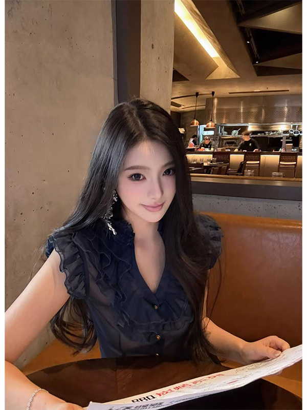French-Style Black Ruffled Multi-Layered Shirt for Women - Sexy 90s Inspired Fashion Top