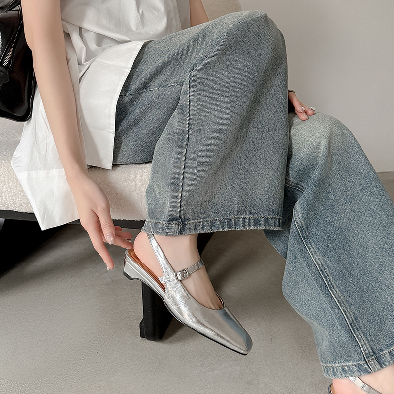 French-style Chunky Heel Backless Mary Jane Sandals - 2025 Spring/Summer Genuine Leather Square Toe One-Strap Shoes