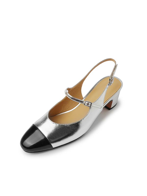 French-Style Color-Blocking Open-Toe Chunky Heel Mary Jane Sandals for Women - Backless Silver Summer Heels French-Style Color-Blocking Open-Toe Chunky Heel Mary Jane Sandals for Women - Backless Silver Summer Heels