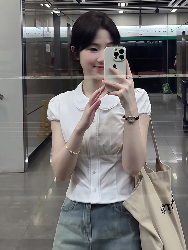 French-style Doll Collar White Short Sleeve Shirt for Women, Spring Summer Fitted Waist Top, Cute Vintage Aesthetic Fashion French-style Doll Collar White Short Sleeve Shirt for Women, Spring Summer Fitted Waist Top, Cute Vintage Aesthetic Fashion