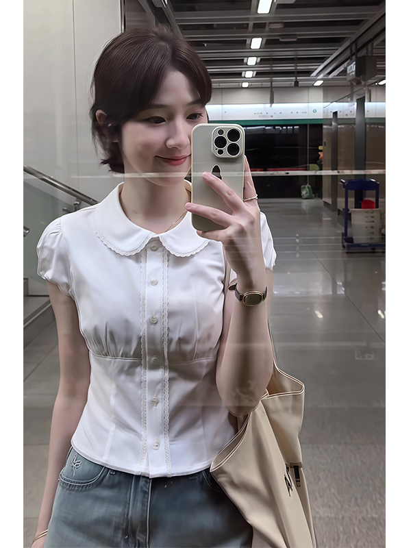 French-style Doll Collar White Short Sleeve Shirt for Women, Spring Summer Fitted Waist Top, Cute Vintage Aesthetic Fashion French-style Doll Collar White Short Sleeve Shirt for Women, Spring Summer Fitted Waist Top, Cute Vintage Aesthetic Fashion