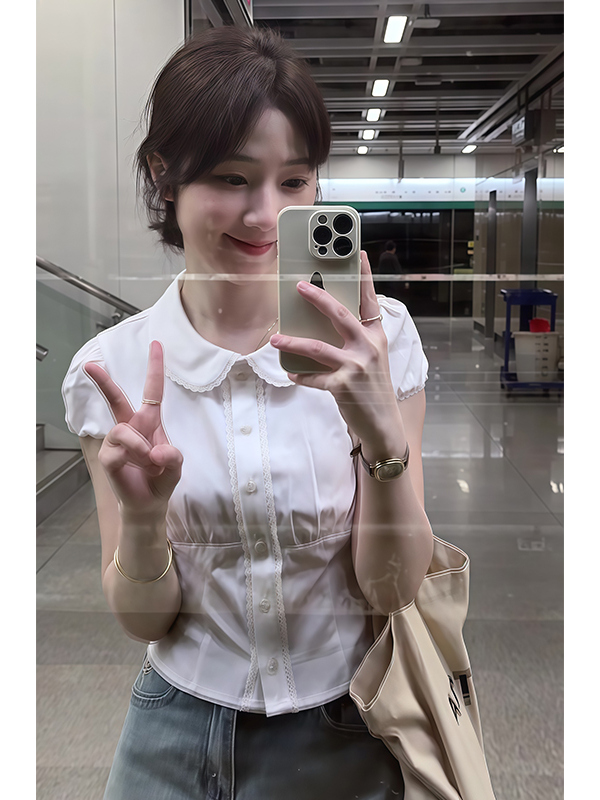 French-style Doll Collar White Short Sleeve Shirt for Women, Spring Summer Fitted Waist Top, Cute Vintage Aesthetic Fashion