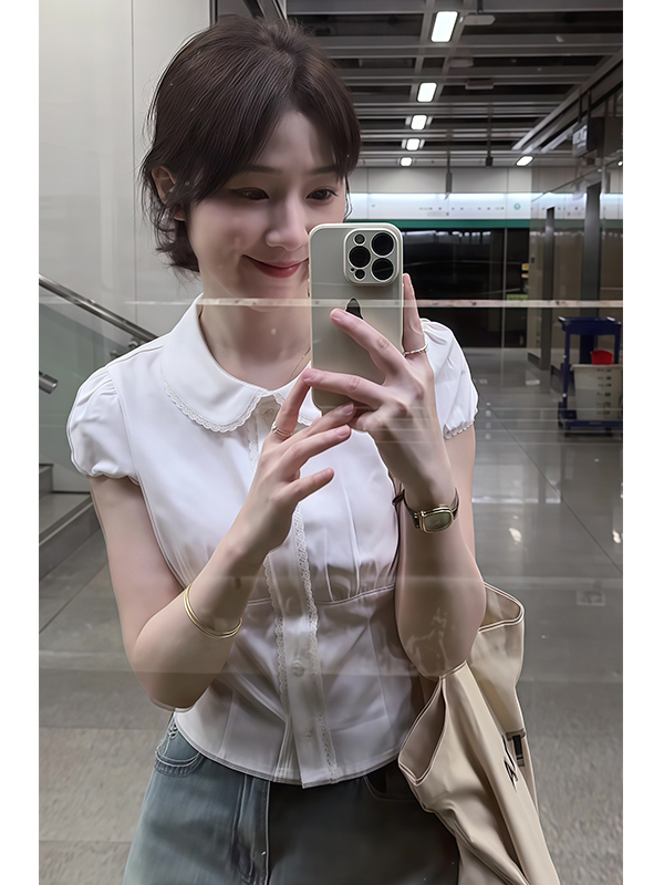French-style Doll Collar White Short Sleeve Shirt for Women, Spring Summer Fitted Waist Top, Cute Vintage Aesthetic Fashion French-style Doll Collar White Short Sleeve Shirt for Women, Spring Summer Fitted Waist Top, Cute Vintage Aesthetic Fashion