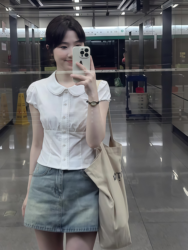 French-style Doll Collar White Short Sleeve Shirt for Women, Spring Summer Fitted Waist Top, Cute Vintage Aesthetic Fashion French-style Doll Collar White Short Sleeve Shirt for Women, Spring Summer Fitted Waist Top, Cute Vintage Aesthetic Fashion