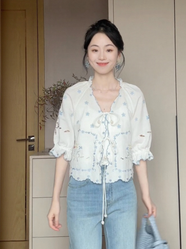 French-style Embroidered Lace-Up Short Sleeve Shirt for Women - Summer Sweet Youthful Sun Protection Top