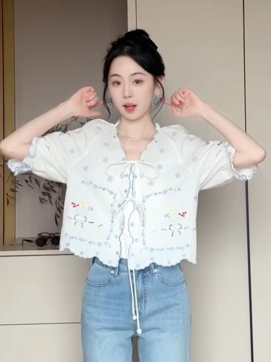 French-style Embroidered Lace-Up Short Sleeve Shirt for Women - Summer Sweet Youthful Sun Protection Top French-style Embroidered Lace-Up Short Sleeve Shirt for Women - Summer Sweet Youthful Sun Protection Top