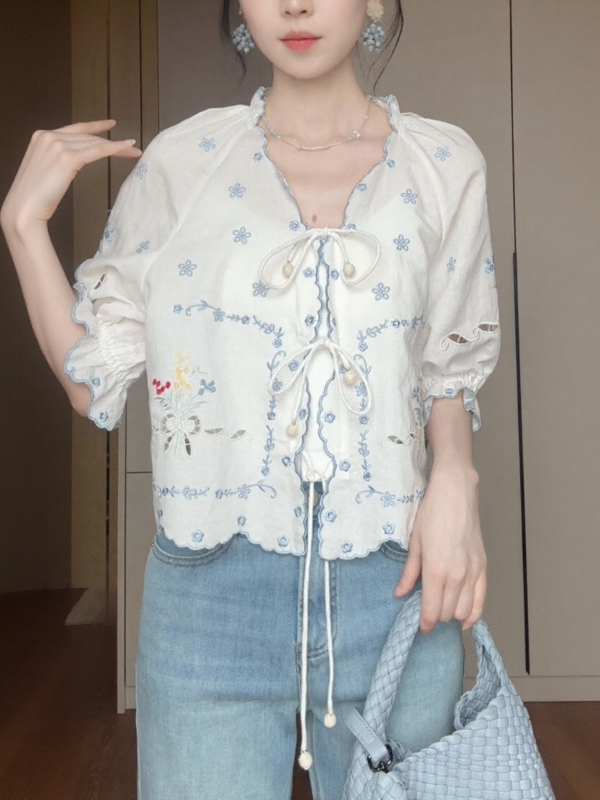 French-style Embroidered Lace-Up Short Sleeve Shirt for Women - Summer Sweet Youthful Sun Protection Top