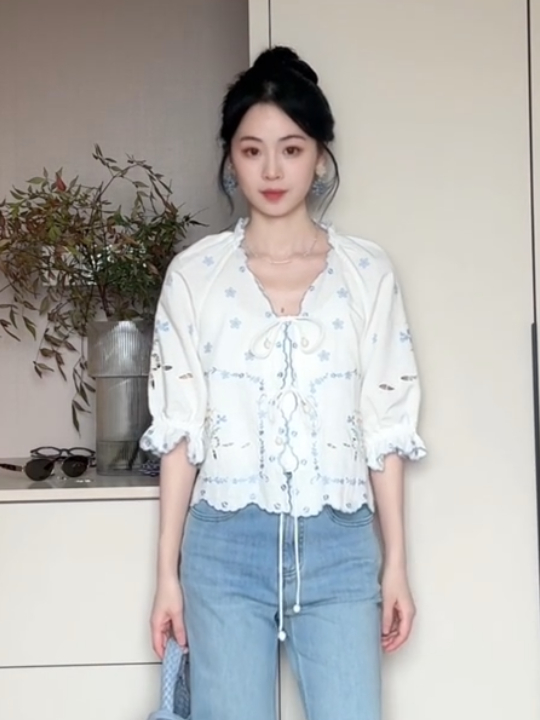 French-style Embroidered Lace-Up Short Sleeve Shirt for Women - Summer Sweet Youthful Sun Protection Top French-style Embroidered Lace-Up Short Sleeve Shirt for Women - Summer Sweet Youthful Sun Protection Top